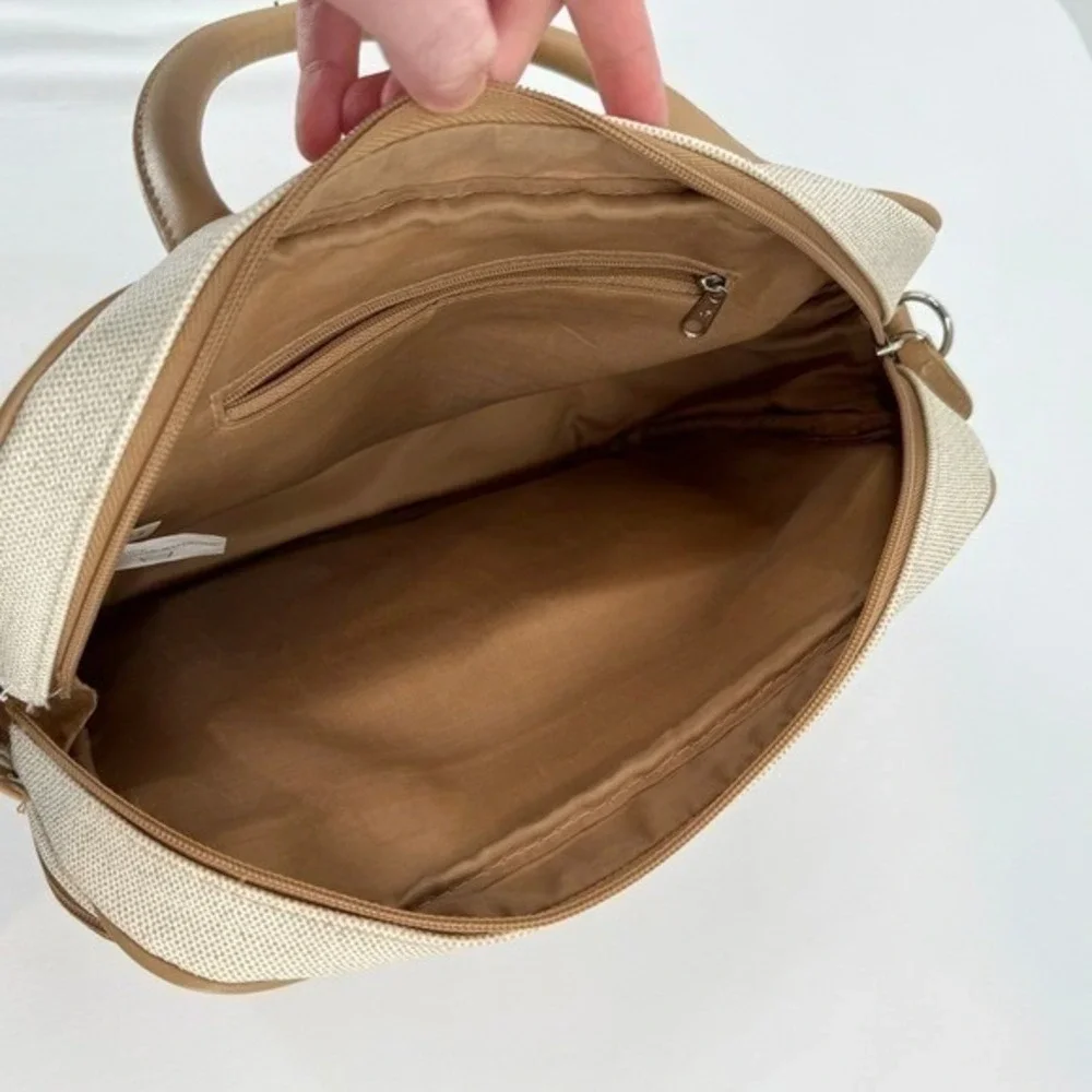 Vintage Faux Canvas Organizer Satchel Bag‎ Tan Cream Multi Pocket Briefcase